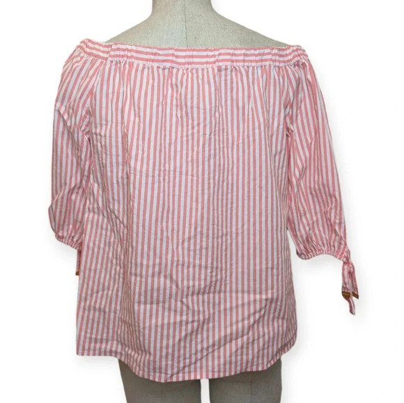 Michael Kors Blouse Peach Stripes Off Shoulder Gold Charm Ties  Woman Medium - Picture 2 of 5